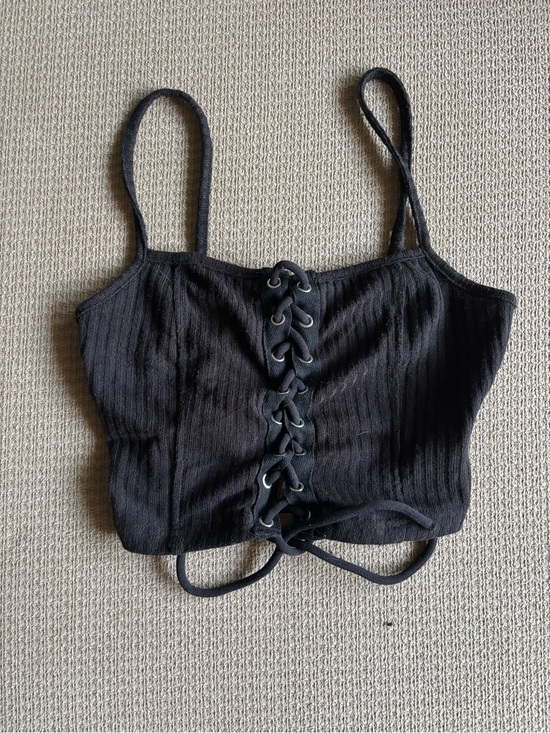 SHEIN Tops - SHEIN Black Ribbed Lace-Up Spaghetti Strap Crop Top